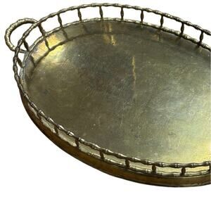 Vintage MCM Hollywood Regency Brass Faux Bamboo Serving Tray Handled 20” Oval